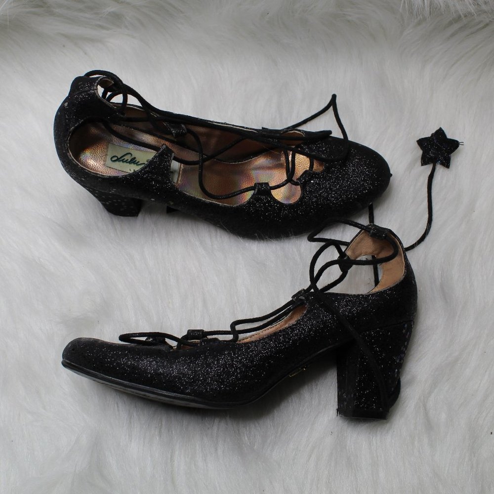 Lulu Hun Black Lace Up Sparkle Iridescent Star Block Heel Size 5